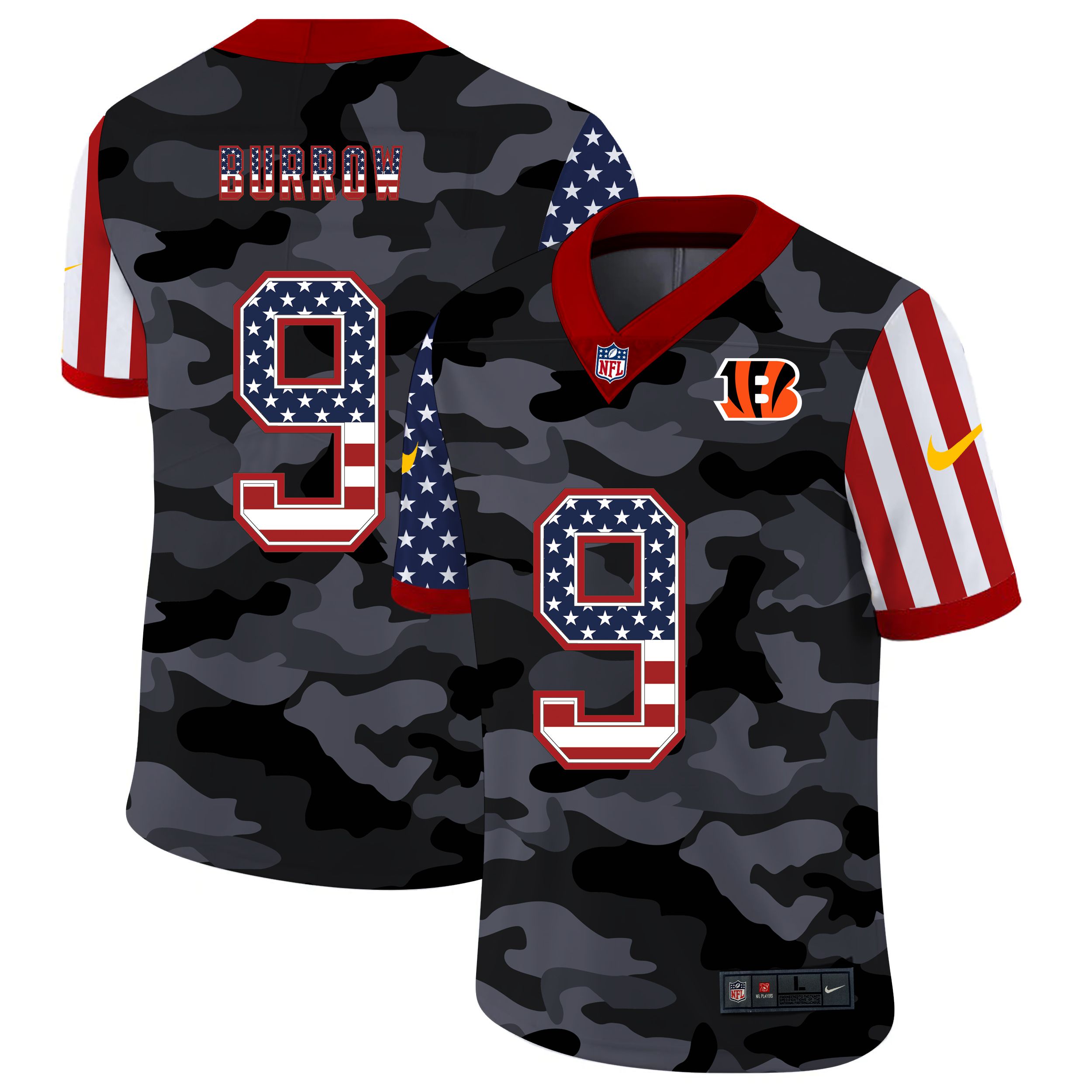 Men Cincinnati Bengals #9 Burrow 2020 Nike USA Camo Salute to Service Limited NFL Jerseys
